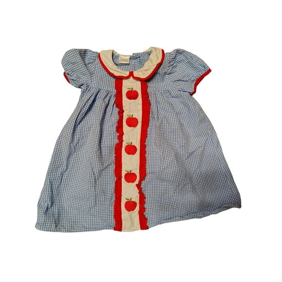 Vintage Adorable Size Large Baby Toddler Dress, Blue Gingham Apple Button Close - Picture 1 of 3